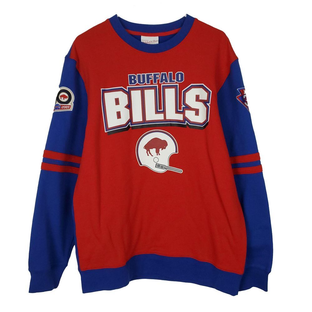 Buffalo Bills Mitchell & Ness NFL L Large‎ Crew Fleece Sweatshirt Red Blue New